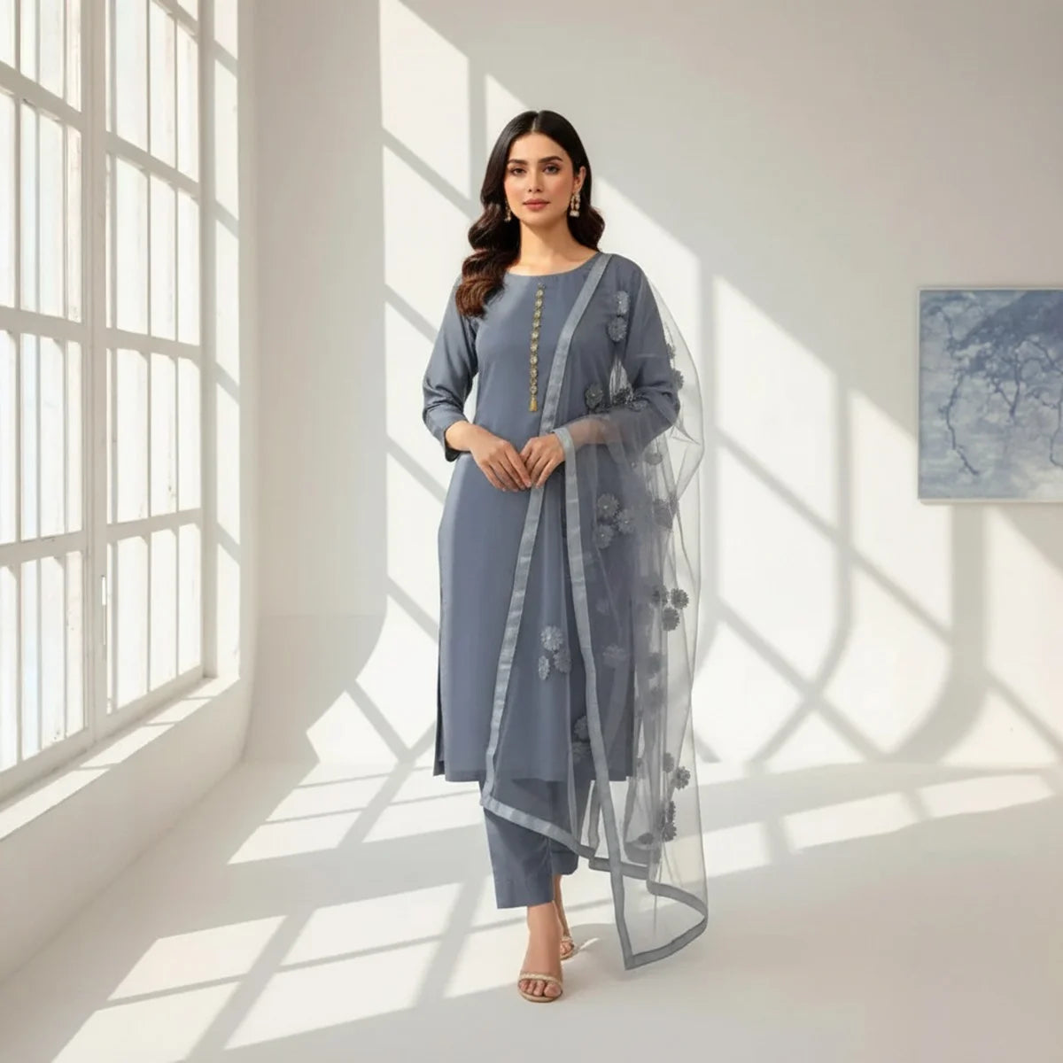 Premium Cotton Silk Unstitched 3 Piece Suit With Net Dupatta For Women