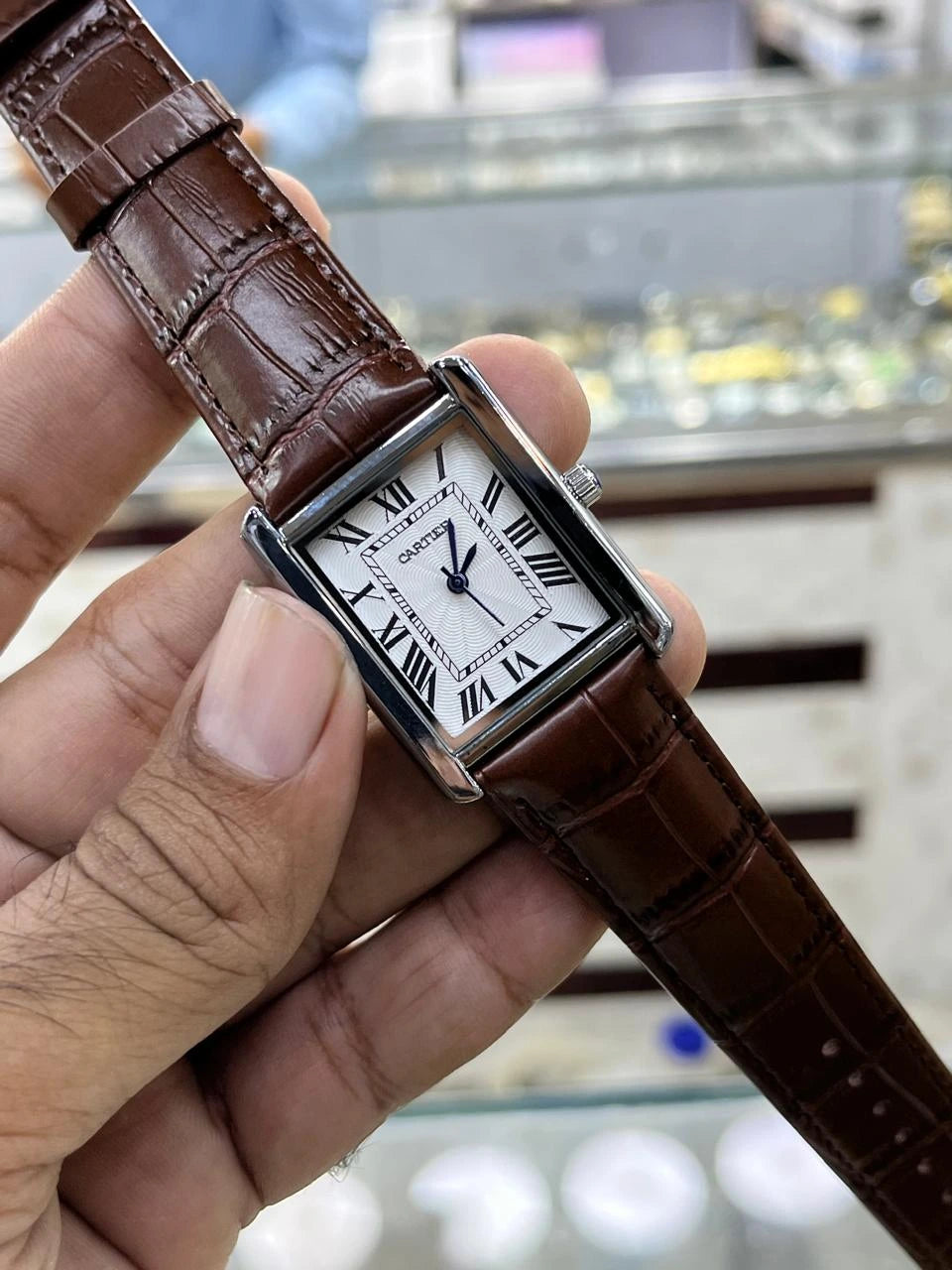 Cartier Style Rectangular Analog Watch for Men – Brown Leather Strap | Quartz Wrist Watch - Silver