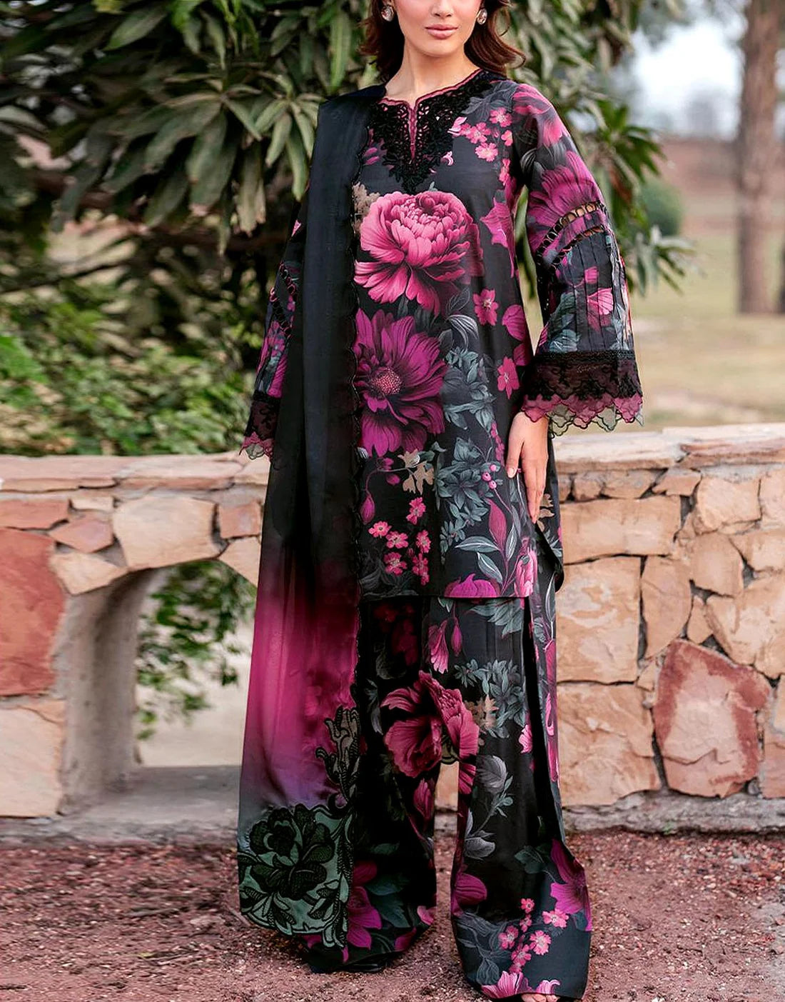 Digital Printed 3Pc Embroidered Lawn Unstitched Suit with Chiffon Dupatta – Summer Collection 2026