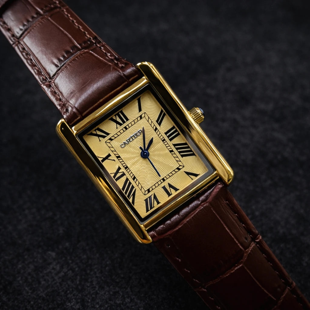 Cartier Style Rectangular Analog Watch for Men – Brown Leather Strap | Quartz Wrist Watch - Silver