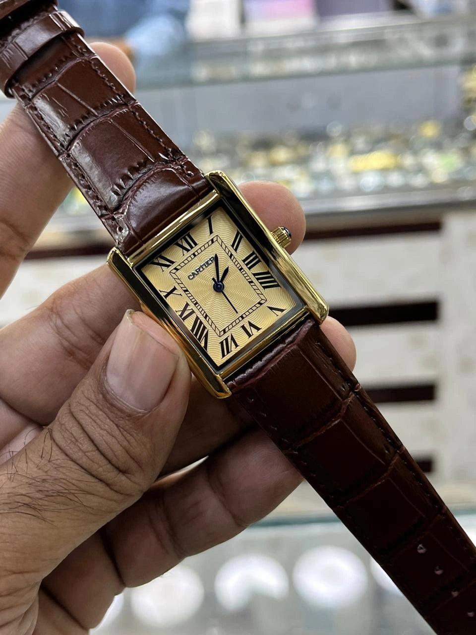 Cartier Style Rectangular Analog Watch for Men – Brown Leather Strap | Quartz Wrist Watch - Silver