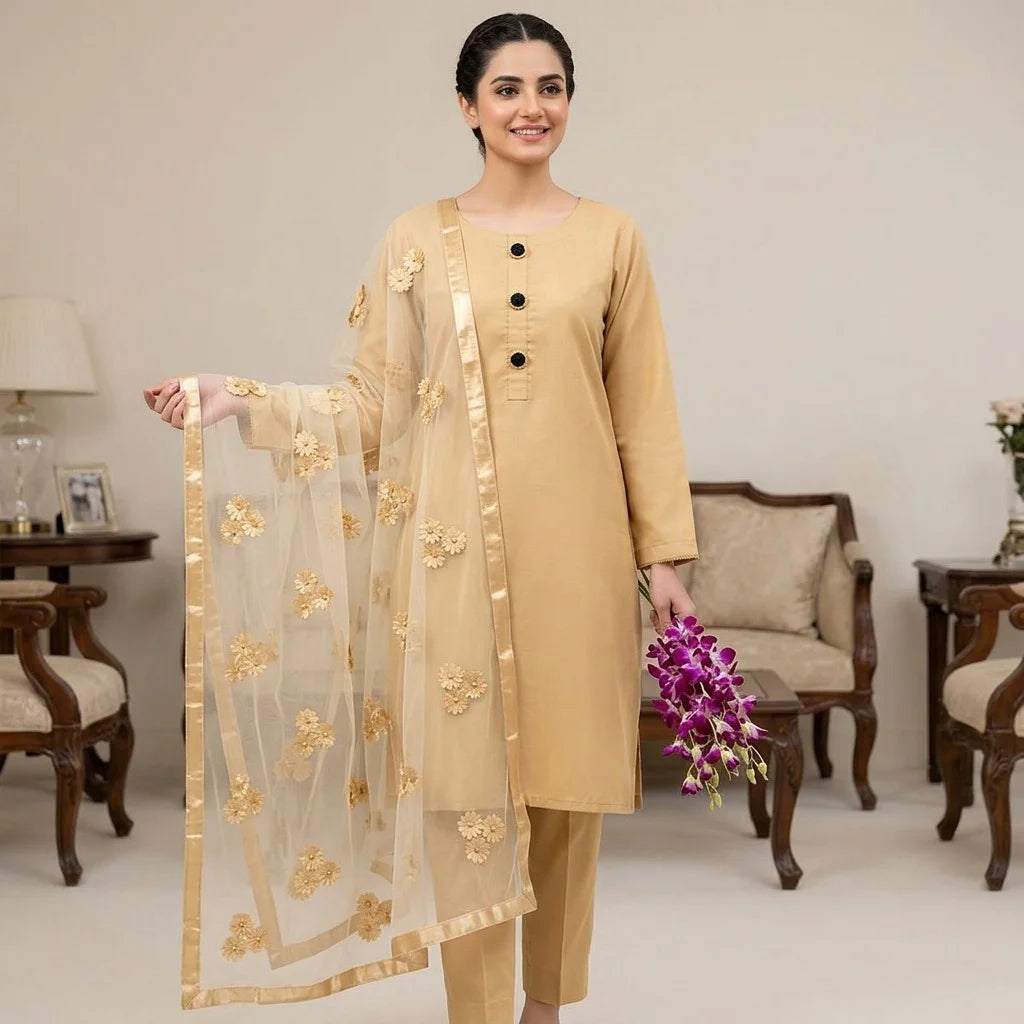 Premium Cotton Silk Unstitched 3 Piece Suit With Net Dupatta For Women