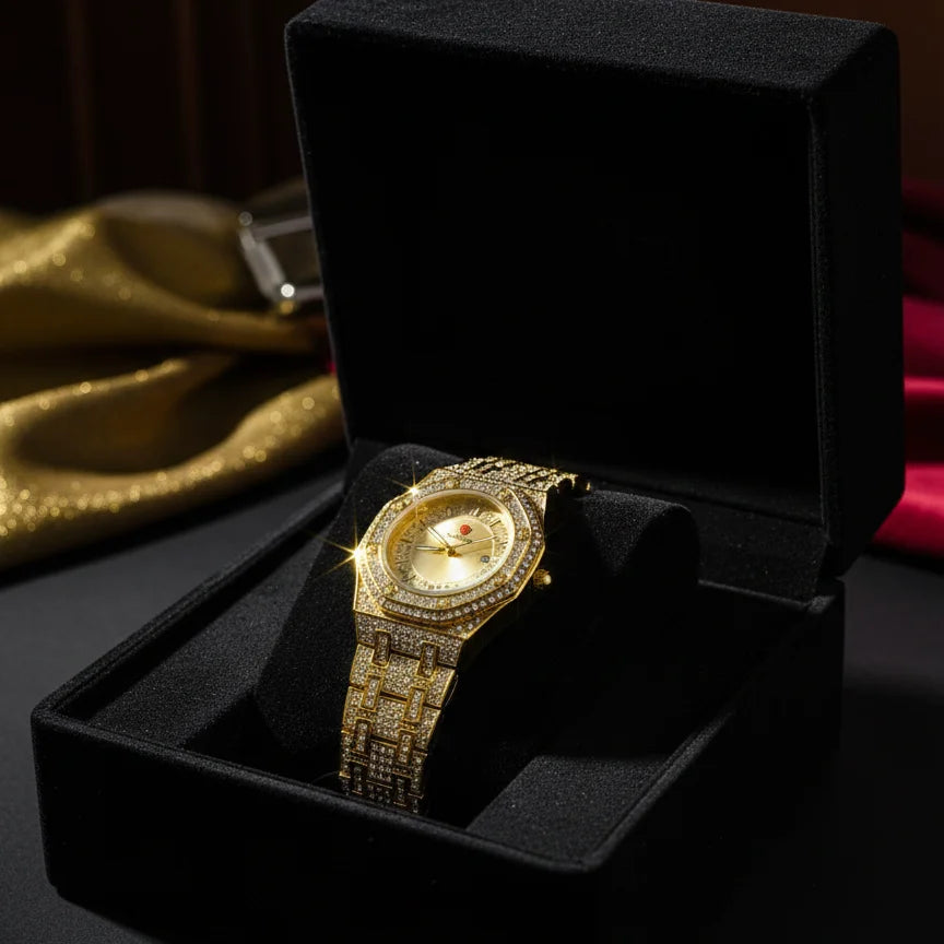 Luxury Gold Diamond-Studded Wrist Watch (With Box)