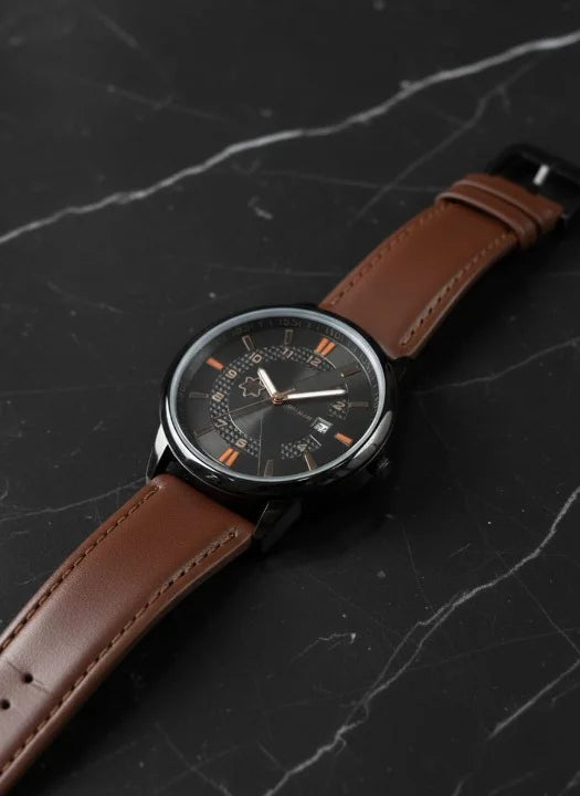Luxury Leather Strap Men's Watch | Classic Black Dial Analog Wrist Watch
