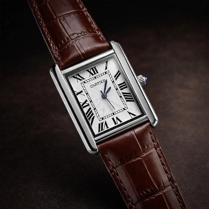 Cartier Style Rectangular Analog Watch for Men – Brown Leather Strap | Quartz Wrist Watch - Silver