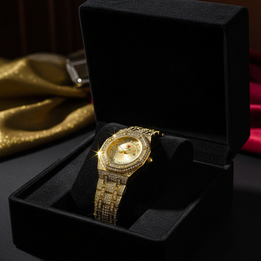 Luxury Gold Diamond-Studded Wrist Watch (With Box)