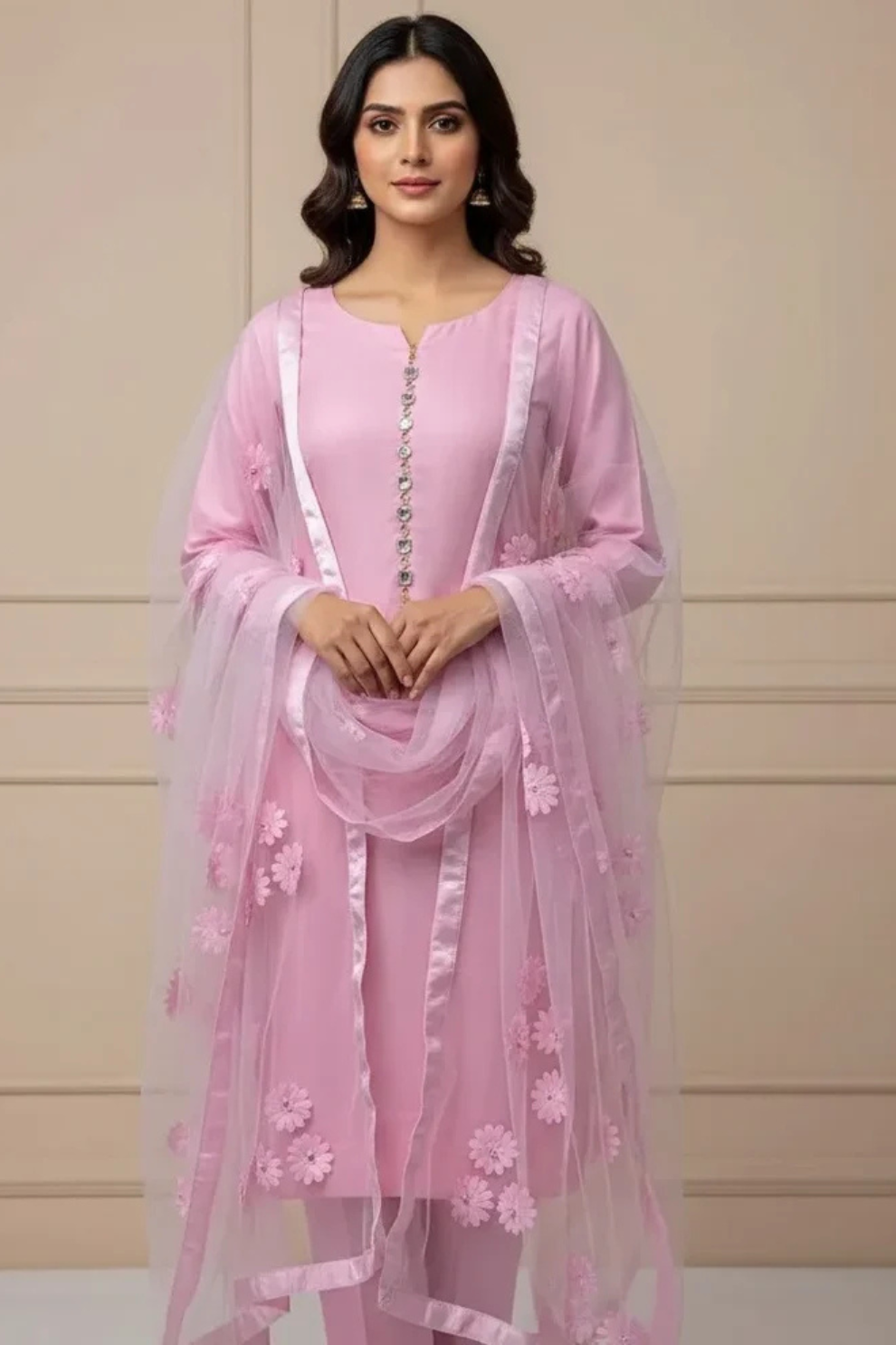 Premium Cotton Silk Unstitched 3 Piece Suit With Net Dupatta For Women