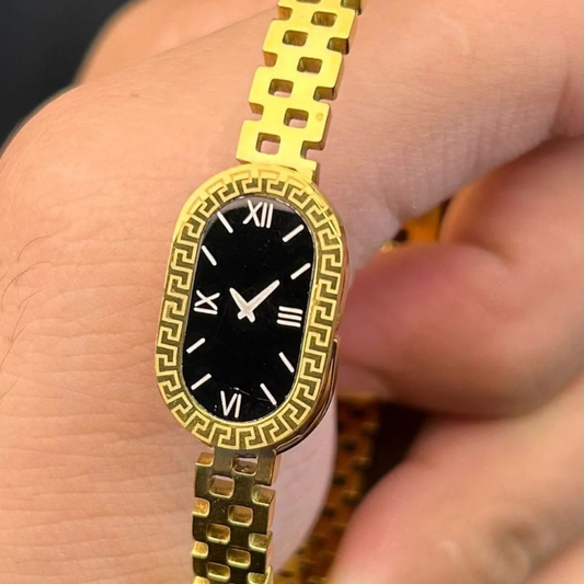 Luxury Gold Oval Dial Women's Watch – Elegant Black Dial Bracelet Wrist Watch for Ladies