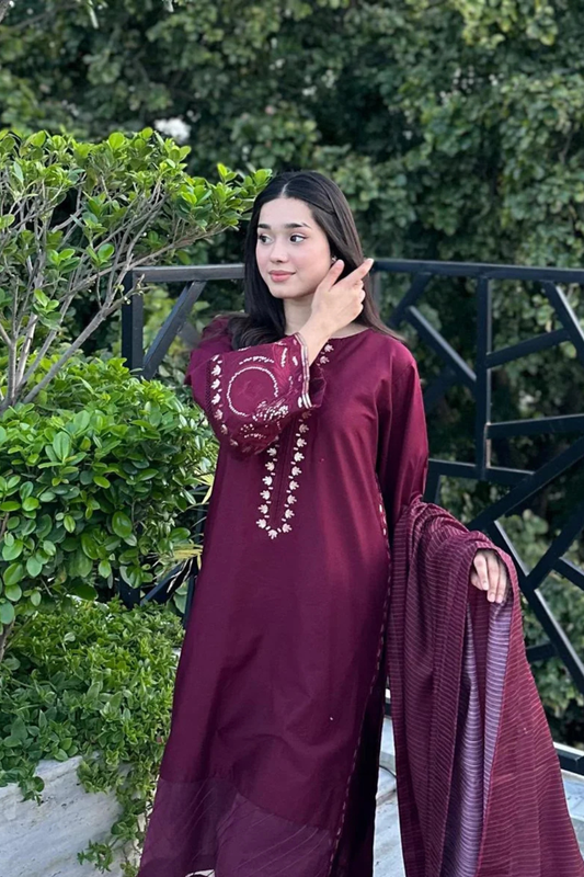 Elegant Maroon Embroidered Women's 3 Piece Suit – Premium Lawn Dress with Matching Dupatta | Casual & Festive Wear