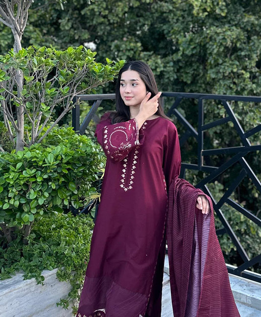 Elegant Maroon Embroidered Women's 3 Piece Suit – Premium Lawn Dress with Matching Dupatta | Casual & Festive Wear