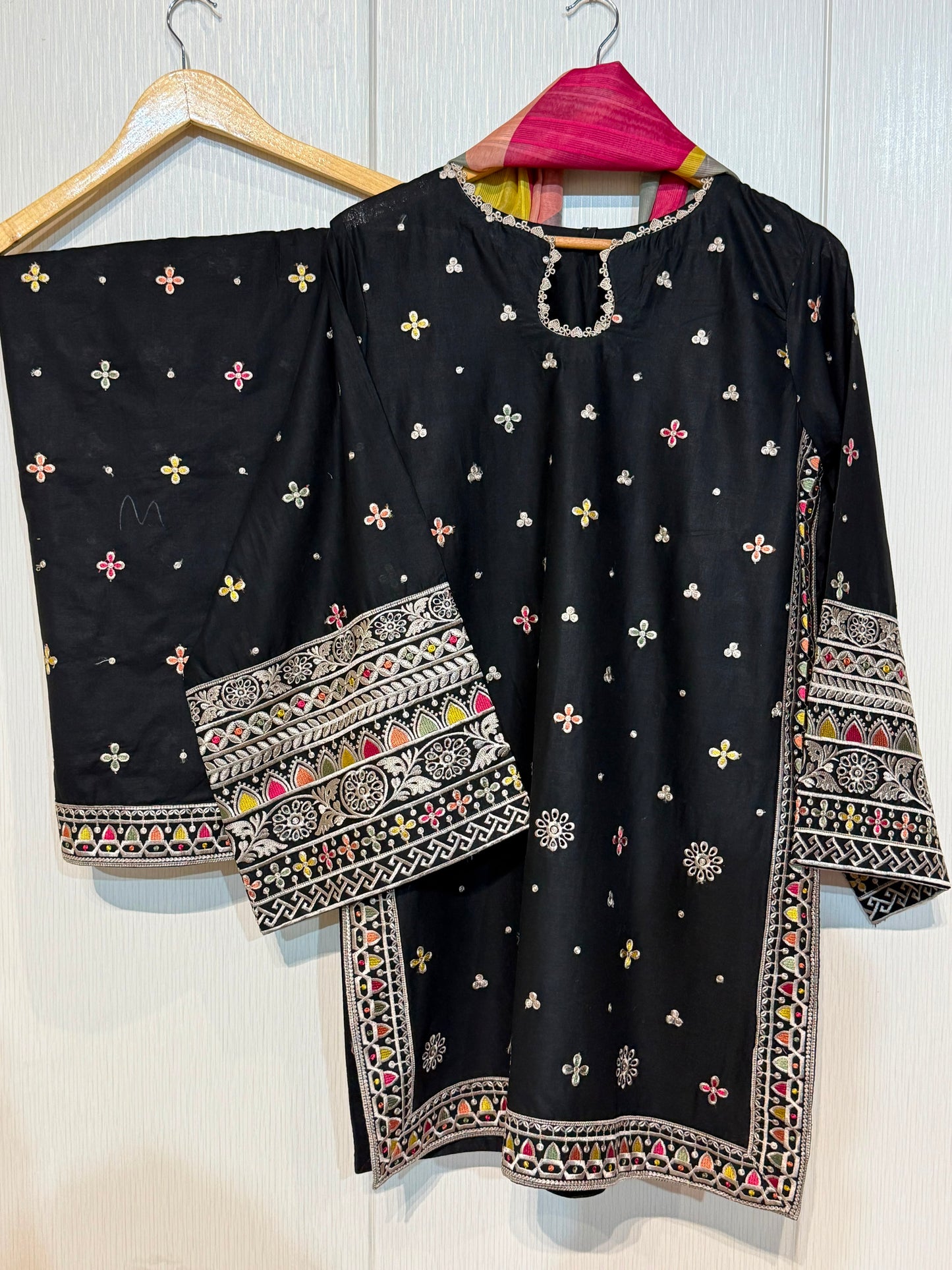 Women's Embroidered 3 Piece Lawn Suit – Black & Cream | Premium Pakistani Lawn Dress with Printed Dupat
