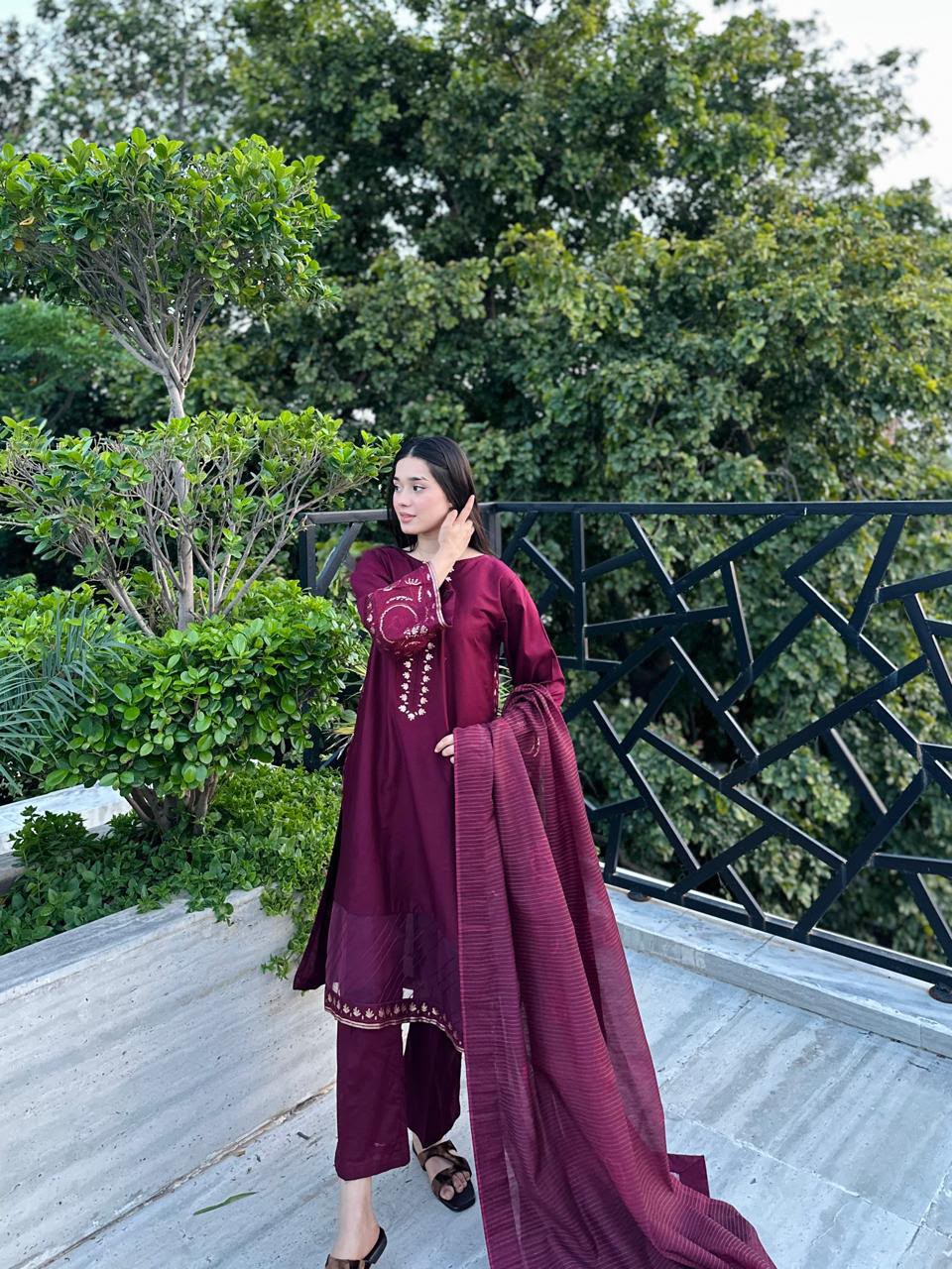 Elegant Maroon Embroidered Women's 3 Piece Suit – Premium Lawn Dress with Matching Dupatta | Casual & Festive Wear