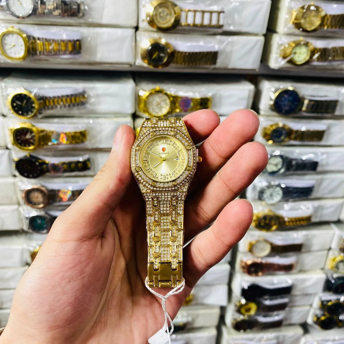 Luxury Gold Diamond-Studded Wrist Watch (With Box)