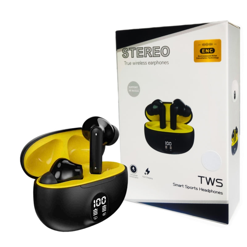 Deep Black Wireless Earbuds with Digital Display Charging Case