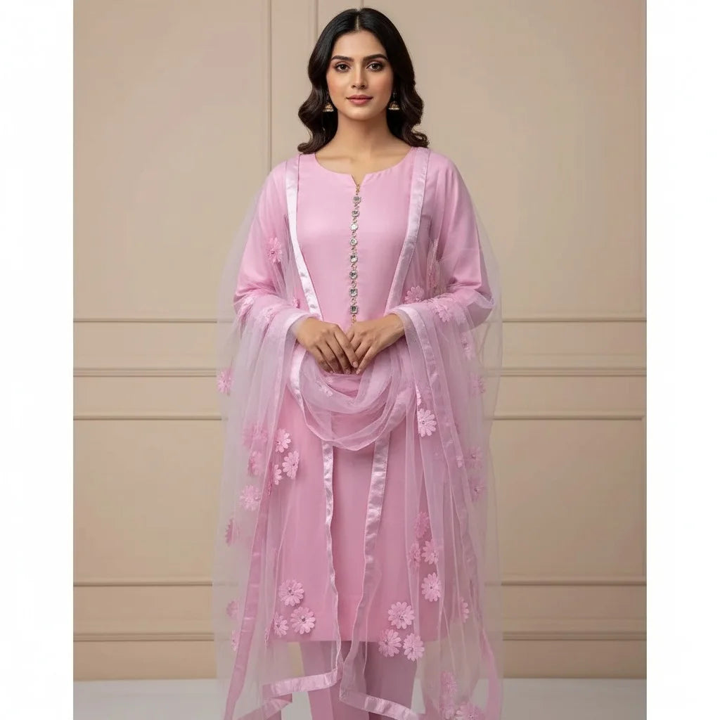 Premium Cotton Silk Unstitched 3 Piece Suit With Net Dupatta For Women