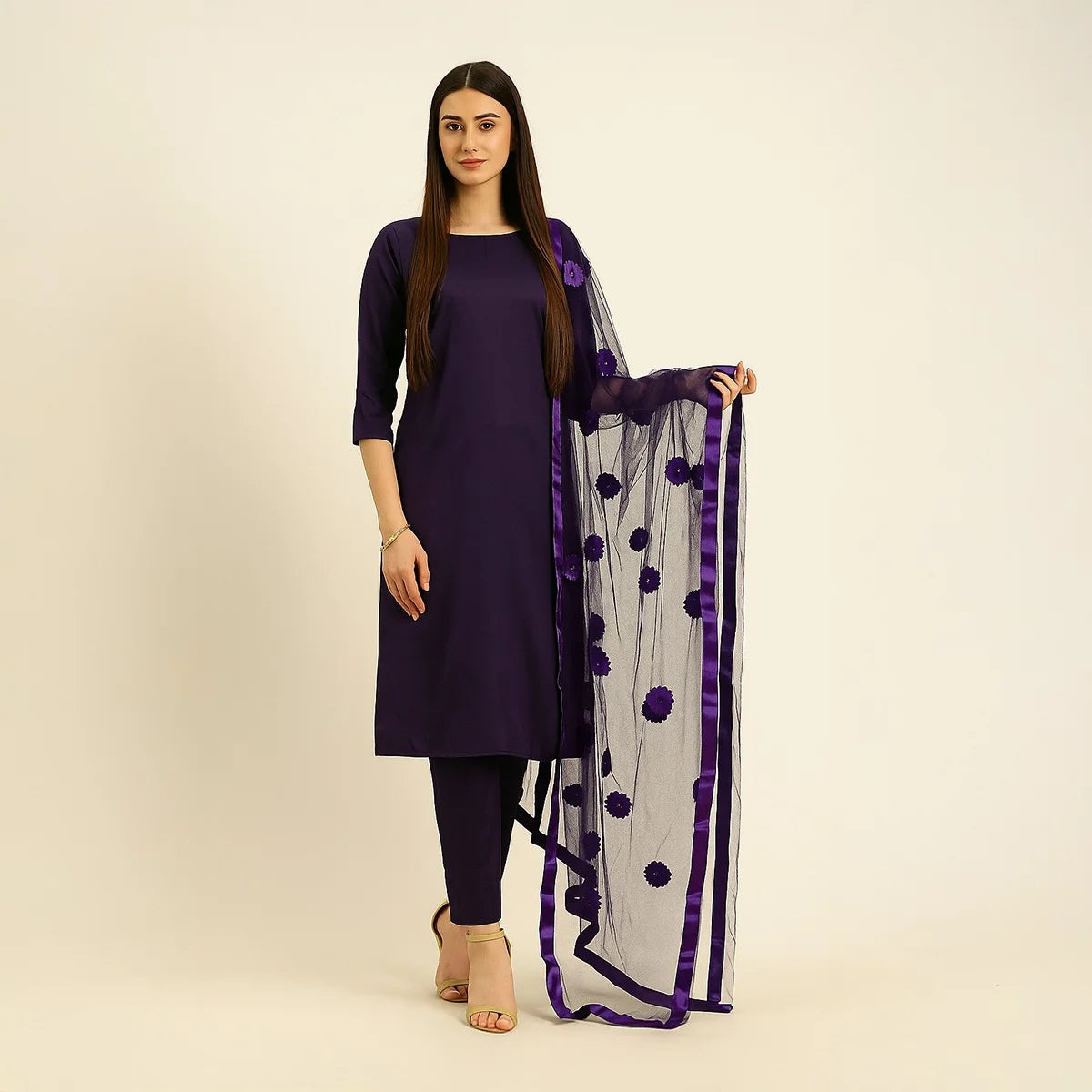 Premium Cotton Silk Unstitched 3 Piece Suit With Net Dupatta For Women